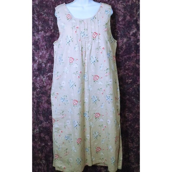 Vintage 90s White Stag Linen Floral Maxi Dress XL Pin-Tucks Side-Slits Belted - Picture 2 of 13
